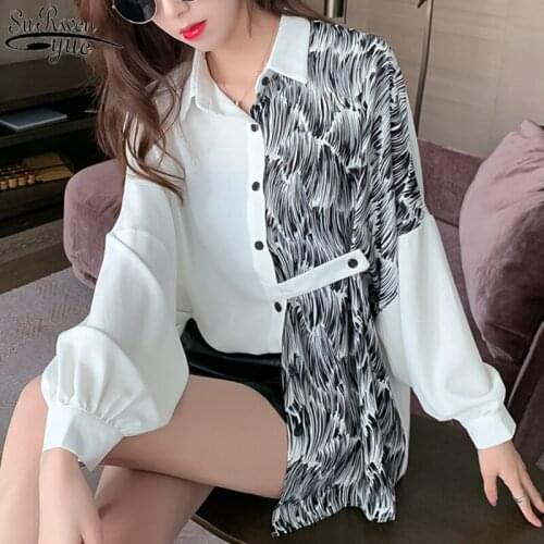 Blouse Women 2021 Korean Clothing Bat Long Sleeve Womans Shirts Printed White Loose Single-breasted Shirt Long Cardigan 11006