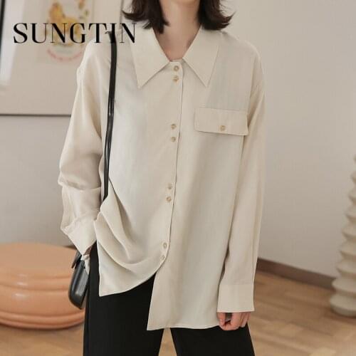 Sungtin Casual Korean Office Lady Blouse Shirt Women Spring Solid Vintage Oversize Shirts Female Elegant Soft Tops OL Button New