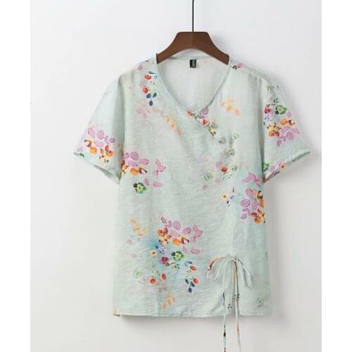 Plus size floral print button women Tshirts 2021 summer ladies V-Neck short sleeve t shirts female tops t-shirts