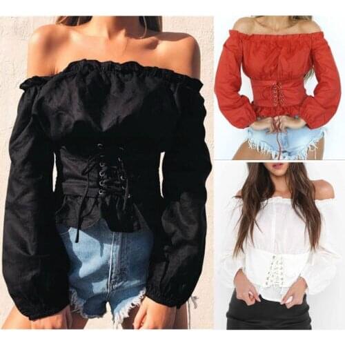 Women Ladies Long Sleeve Off Shoulder Tops Blouse Shirt Cropped Lace up Corset Summer Fashion Dropshipping Hot Sales