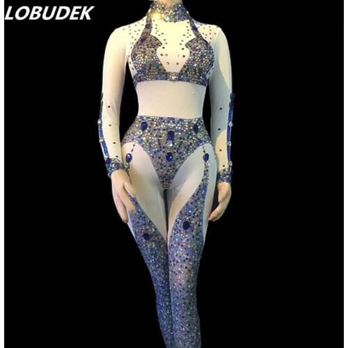 Colorful Rhinestones Mesh See-through Jumpsuit Women Models Runway Bar Party Costume Nightclub DJ Singer Performance Stage Wears