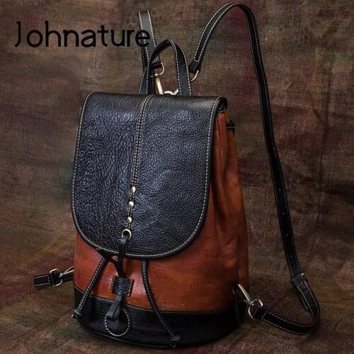 Johnature Retro Genuine Leather Bagpack Women Travel Bag 2021 New Large Capacity First Layer Cowhide Lady Backpack College Bags
