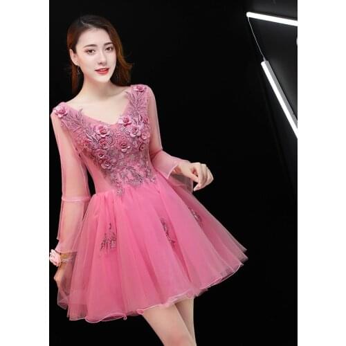 New pink full sleeve lady girl women princess bridesmaid banquet party ball performance dress gown
