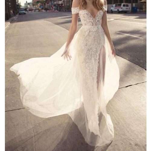 SSYFashion 2019 New Evening Dress Deep V-neck Backless White Lace Floor-length Lllusion Formal Bride Gowns Vestido De Noiva