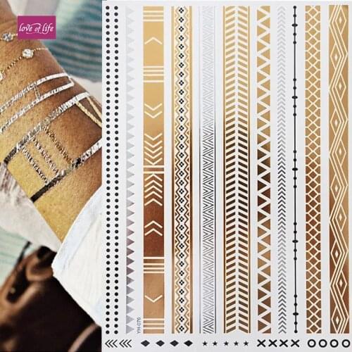Gold Flash Metallic Temporary Tattoo Arm Sleeves Sticker Henna Women Jewelry Waterproof For Gold Bracelet