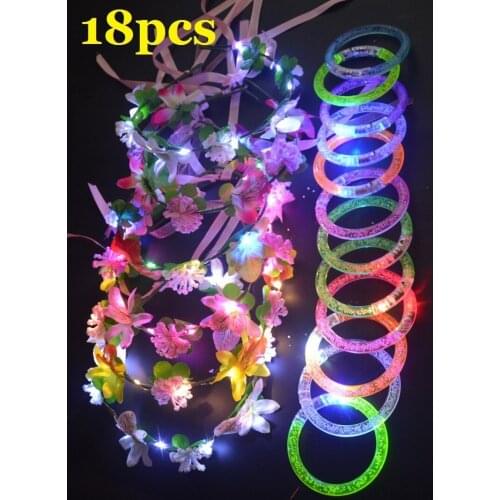 18pcs LED Light Up Blinking Girls Flower Hair Wreath Bracelet Bangle Glow in the Dark Wedding Birthday Party Favors Christmas