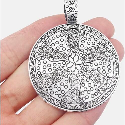 2PCS Antique Large Boho Carved Flower Round Charms Pendants for Necklace Making Jewelry Findings 67x53mm