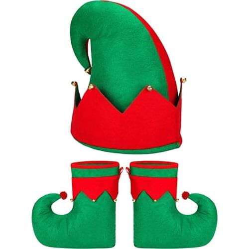3pcs/set Christmas Elf Shoes Christmas Hat Elf Costume Christmas Elf Shoes Christmas Hat Prom Dress Elf Suit (Red Green)