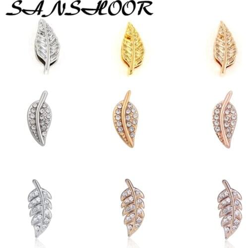 SANSHOOR Pave Leaf Slide Charms Collection Fit Keys Chain Pendant Leather Keeper Bracelets For Women As Gifts 9Pcs