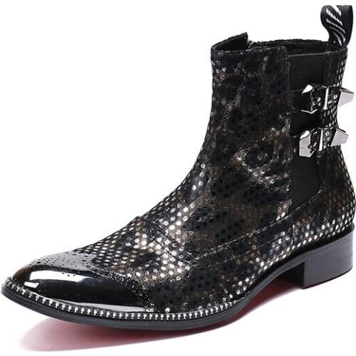 Luxury Handmade Men Boots Pointed Iron Toe Mens Leather Ankle Boots Black Rock Party and Wedding Footwear Botas Hombre