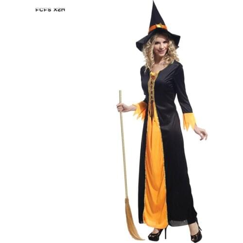 Black and Orange Gothic Woman Halloween Sorceress Costumes Female Witch Cosplay Carnival Purim parade Masquerade Role play dress