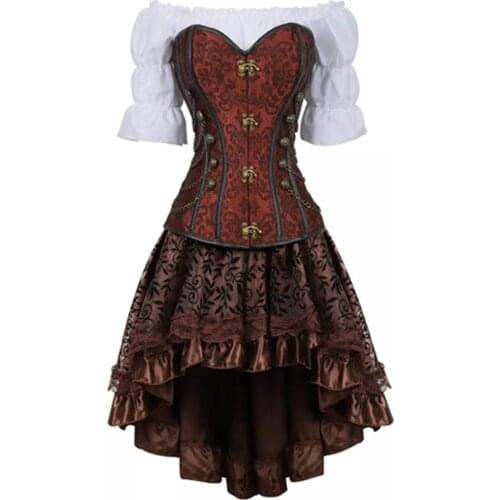 Burlesque Corset Irregular Skirt 3 Piece Leather Dress Bustiers Corset Steampunk Cool Warrior Pirate Lingerie Corsetto Plus Size