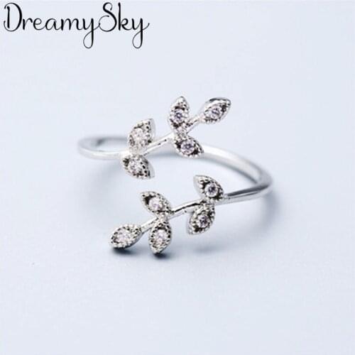 DreamySky Ethnic Style Silver Color Crystal Leaf Rings for Women Bridal Wedding Vintage Open Finger Rings Christmas Gifts