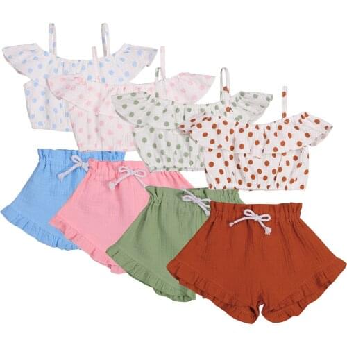 2021-04-23 Lioraitiin 2Pcs Set 1-5Years Toddler Baby Girls Ruffle Tops Polka Dot Print Sling Summer Pleated Lace Up Shorts