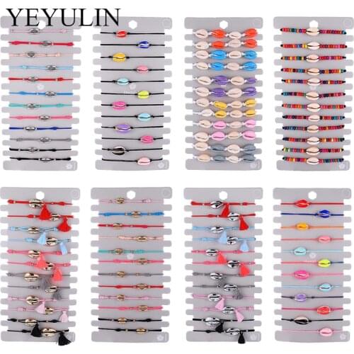 Bohemia 12pcs/lot Silver Color Shell Charm Bracelets Sets For Women Adjustable Rope Chain Elastic Bracelet Bangles Fit Wome