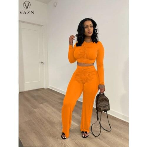 VAZN 2021 Summer New Casual Fashion Street Sexy Pure Color Pleated Long-Sleeved T-Shirt Wide-Leg Pants Two Sets