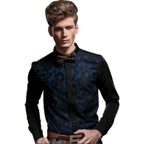 Free Shipping Fanzhuan New male fashion Mens shirt European Korean style stitching jacquard black lace long sleeved shirt 14206