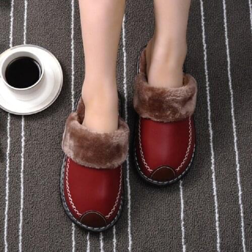 Men Slippers Indoor PU Leather Winter Waterproof Warm Home Fur Women Slipper Male Couple Platform Cotton Shoes Fluffy Big Size