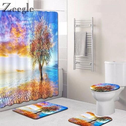 Zeegle Printed Natural Bath Mat Set Shower Curtain with Hooks Toilet Pedestal Rug Foot Mat Toilet Seat Cover Polyester Floor Mat