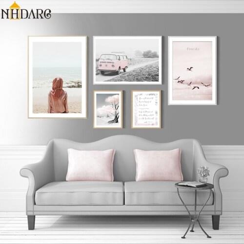 Nordic Landscape Girl Wall Art Canvas Poster Pink Minimalist Print Painting Scandinavian Decoration Picture Living Room Decor