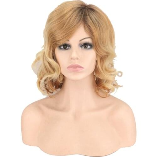 QQXCAIW Short Blonde Light Brown Synthetic Wig for Women Wavy Fluffy Natural Bob Wigs Heat Resistant False Hair