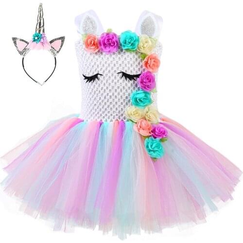 Queen Unicorn Dresses Flower Designed Dress Headwear Sets Halloween Party Cosplay Costumes Children Tutu Princess Performance