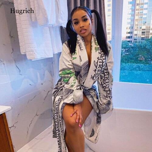 Dollar Printed Dress 2021 Autumn Women Long Sleeve V Neck Loose Open Stitch Sleepwear Midi Dresses Homewear Robes Vestidos