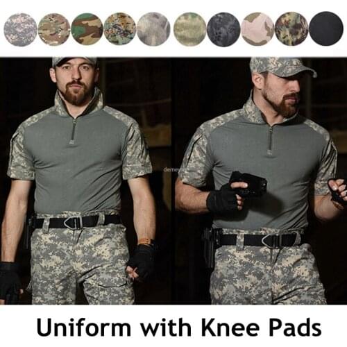 Tactical Uniform with Knee Pads Short Sleeve Airsoft Military Uniform T Shirt + Pants Combat Camouflage Hunting Clothes