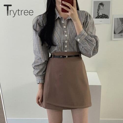 Trytree 2020 Autumn Two Piece Women Sets Casual Puff Sleeve Plaid Shirt + Elastic Waist Mini Skirt Blet Office Lady 2 Piece Suit