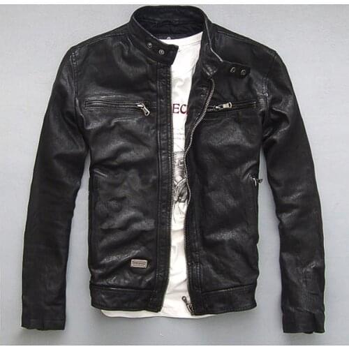 Factory 2020 New Men Black Vegetable tanning Sheepskin Motorcycle Leather Jacket 100% Real Sheepskin Slim fit Biker Jackets