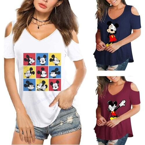 Disney T-Shirt Mickey Mouse Cartoon Women Cotton Off Shoulder sexy TShirt Short Sleeve Streetwear v-Neck Pullover Loose Tee Tops
