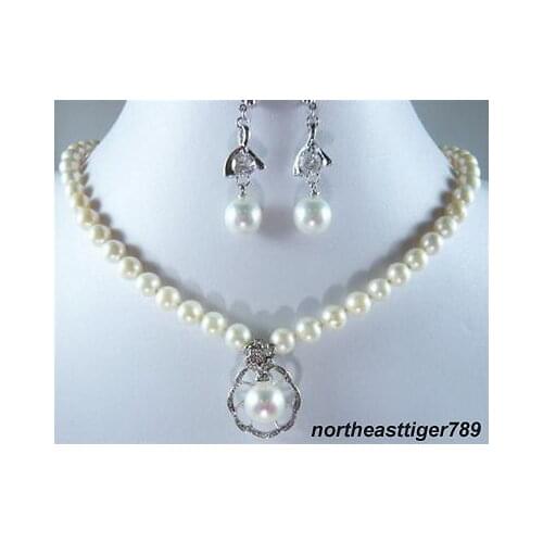 Nobility Quartz crystal Real White Pearl 18KWGP Crystal Clasp Pendant Necklace Earrings Set mujer for women -jewelry