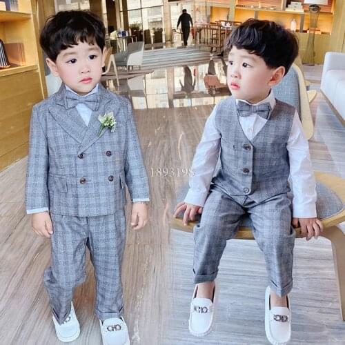 Children Formal Dress Suit Set Flower Boys Wedding Party Performance Costumes Kids Double Breasted Blazer Vest Pants 2pcs Outfit