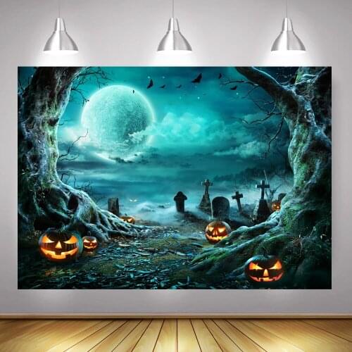 Halloween Photography Backdrop for Photo Studio Scary Night Full Moon Background Pumpkin Tombstone Bat Old Tree Photocall Props