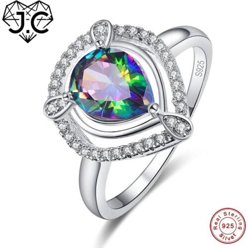 J.C Waterdrop Mystic Rainbow & Blue Topaz 925 Sterling Silver Ring Size 6 7 8 9 For Women Wedding Bridal Fine Jewelry
