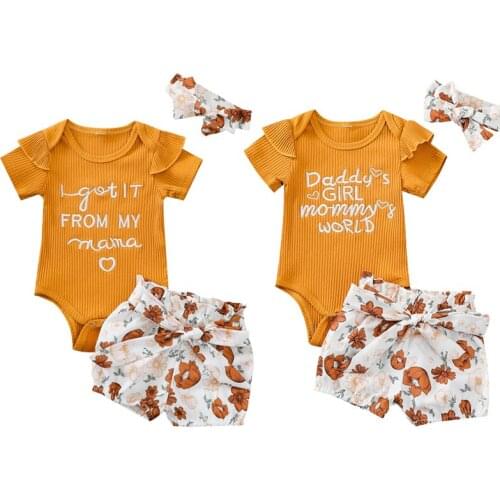 0-18M Newborn Baby Girls Boys Clothes Sets 3Pcs Set Letter Print Ruffles Knitted Bodysuit Flowers Printed Bow Shorts Headband