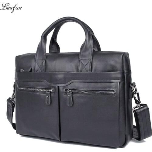Luufan High Quality Genuine Leather Men Briefcase Fit 14" Laptop Business Handbag Black Brown Soft Cow Leather Male Shoulder Bag