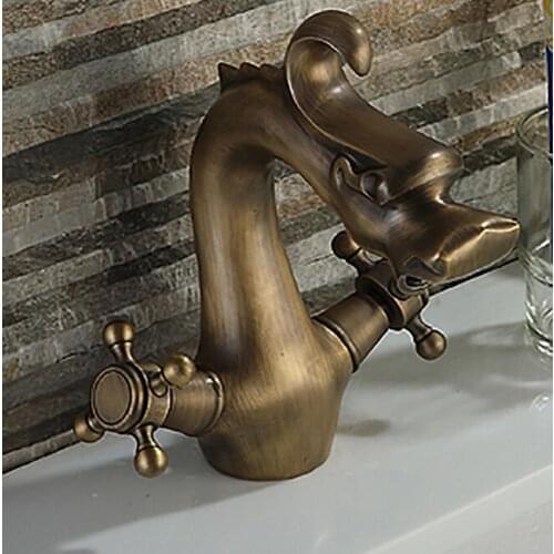 Copper dragon style basin faucet antique, Retro bathroom 2 handles sink basin faucet, Vintage Brass basin faucet hot&cold mixer