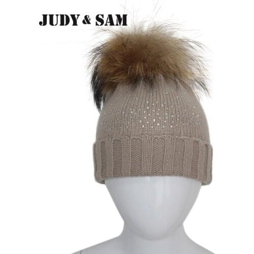 Fashion Children Winter Raccoon Fox Fur Hat For Girls Boys 100% Real Fur pompoms Ball Baby Beanies Cap Crochet Kids Knitted Hats