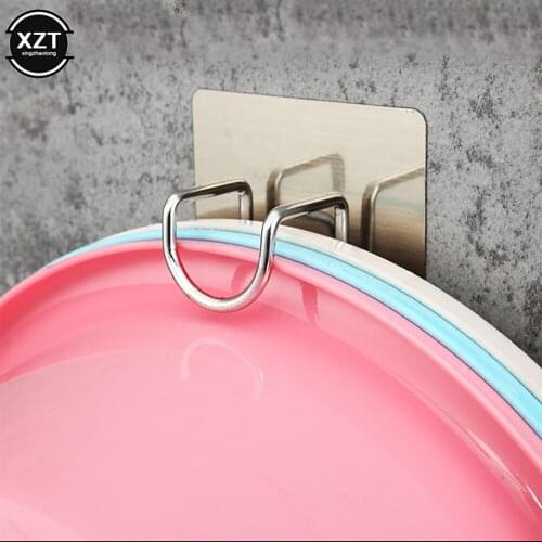 Wall Mounted Strong Adhesive Hook Door Sticky Hanger Holder Stainless Steel Wall Hook Wash Basin Holder Kitchen Bathroom Supply