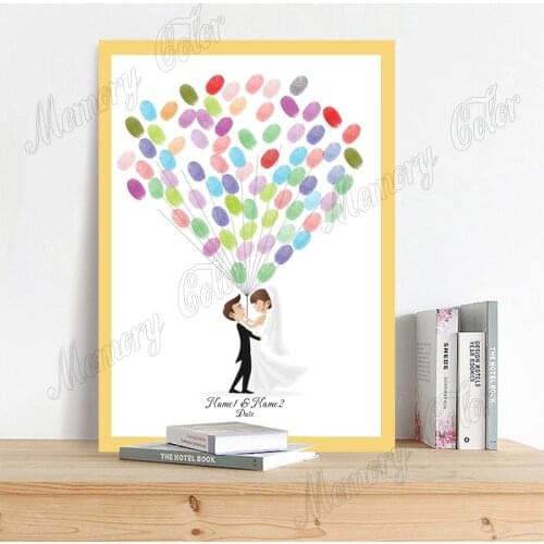 Personalized Couple Name Wedding Date Cartoon Bride Groom Fingerprint DIY Canvas Guestbook For Wedding Souvenir (Inkpad Include