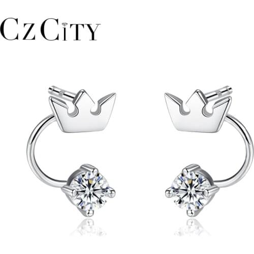 CZCITY Exquisite 925 Sterling Silver Crown Zircon Stud Earrings for Women Small Cute Dating Earrings Accessories Fine Jewelry