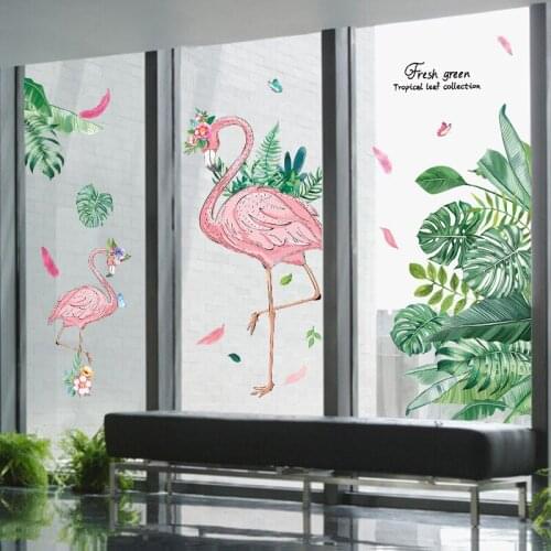 [SHIJUEHEZI] Green Tropical Leaves Wall Stickers DIY Flamingo Animal Mural Decals for Kids Room Kitchen Home Door Decoration