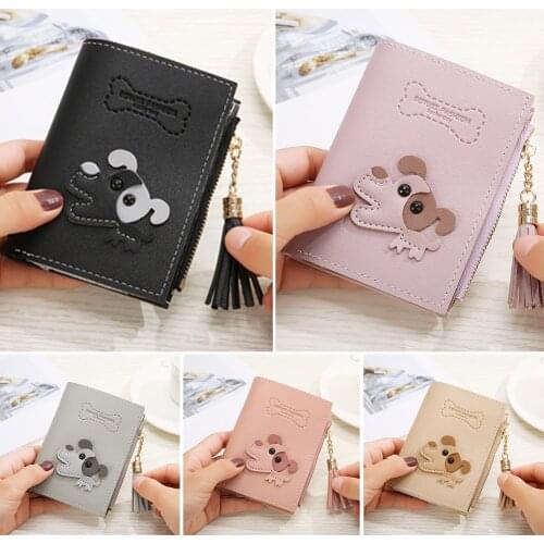 Girls Cute Cartoon Short Purse Fashion Women Puppy PU Leather Tassel Wallet Simple Solid Color Zipper Card Holder Bifold Clutch