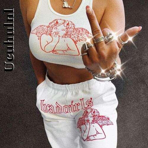 Ucuhulnl Letter Angel Printed White Sweatpants Women High Waisted Joggers Streetwear Hip Hop Clothes Casual Trousers