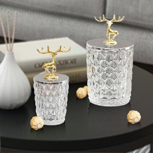 Crystal Elk Glass Candy Jar Food Container Cotton Swab Box Transparent Dustproof Desktop Storage Jar Container With Lid ZH278