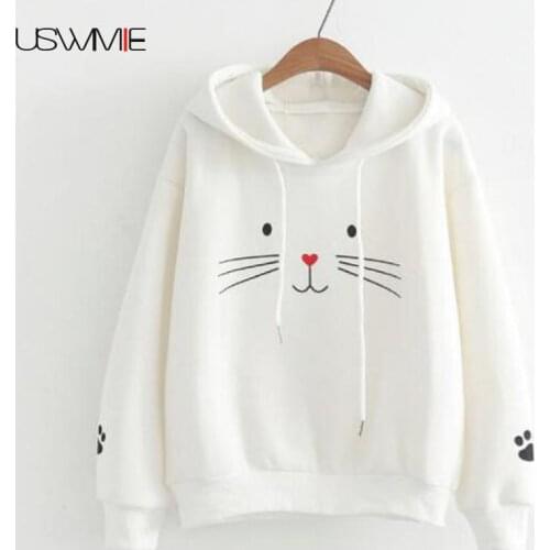 Hoodies Women Plush Brief Lovely Cat Long Sleeve Print Pullovers Solid Color Plus Size Comfort Pockets Streetwear Kawaii Hoodie