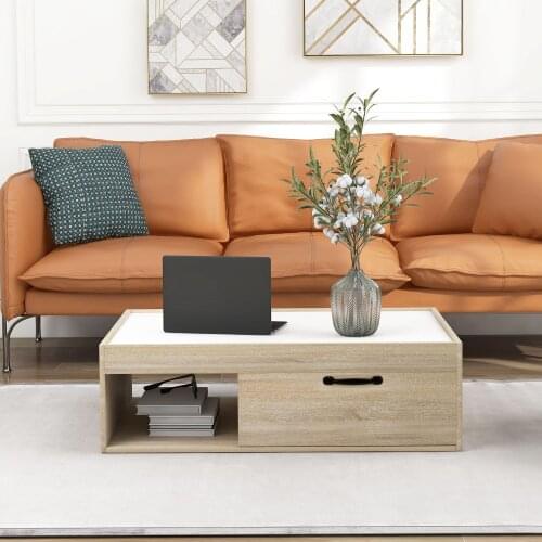 Moderner Beistelltisch mit Regal und 1 Schublade, Sofatee-Aufbewahrungstisch für das Home Office im Wohnzimmer JW