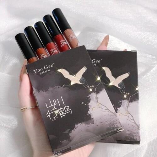 VONGEE 5pcs/set Chinese Style Lip Glaze Set Velvet Matte Liquid Lipsticks Waterproof Long-lasting Sexy Lip Makeup Cosmetic TSLM2