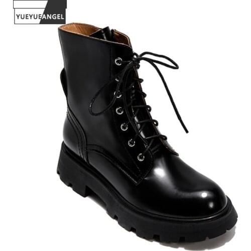 Punk Women Motorcycle Boots Genuine Leather Thick Platform Shoes Lace Up Solid Color Ankle Boots Autumn Female High Top Sneakers